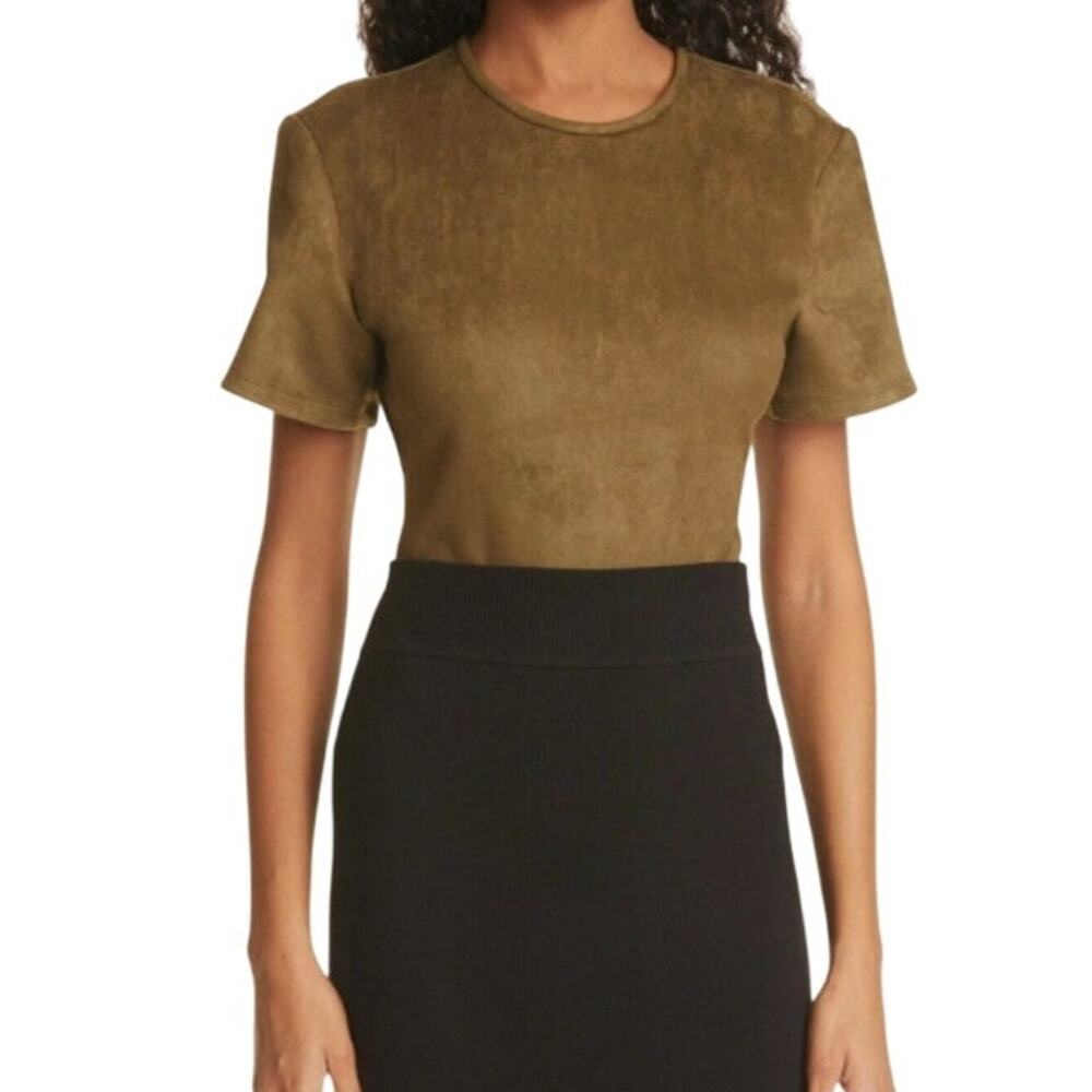 Ronny Kobo Mali Faux Suede Bodysuit Women S Army Green Short Sleeve Thong